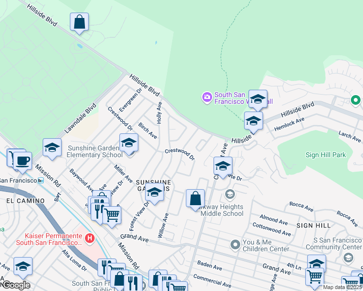 map of restaurants, bars, coffee shops, grocery stores, and more near 1100 Crestwood Drive in South San Francisco