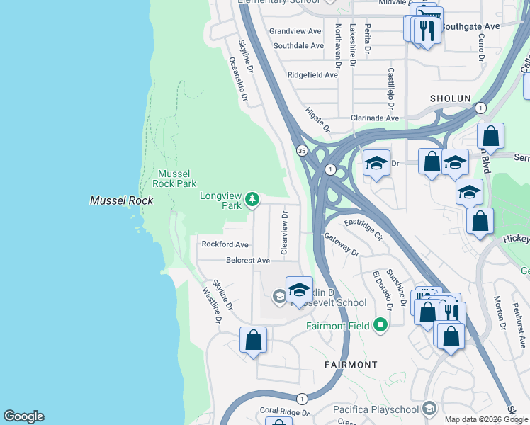 map of restaurants, bars, coffee shops, grocery stores, and more near 14 Montebello Drive in Daly City