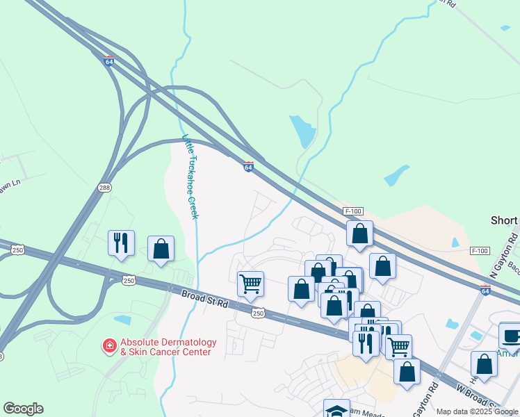 map of restaurants, bars, coffee shops, grocery stores, and more near 4500 Broad Hill Drive in Henrico