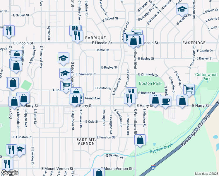 map of restaurants, bars, coffee shops, grocery stores, and more near 6001 East Boston Street in Wichita