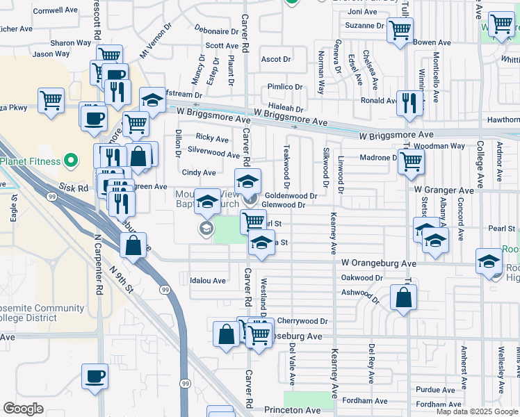 map of restaurants, bars, coffee shops, grocery stores, and more near 1640 Glenwood Drive in Modesto