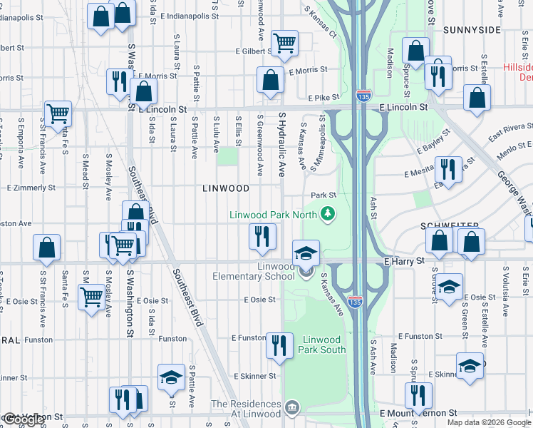 map of restaurants, bars, coffee shops, grocery stores, and more near 1438 South Greenwood Street in Wichita