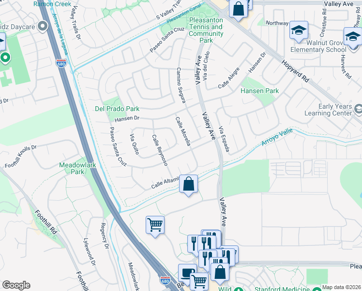 map of restaurants, bars, coffee shops, grocery stores, and more near 6686 Vía San Blas in Pleasanton
