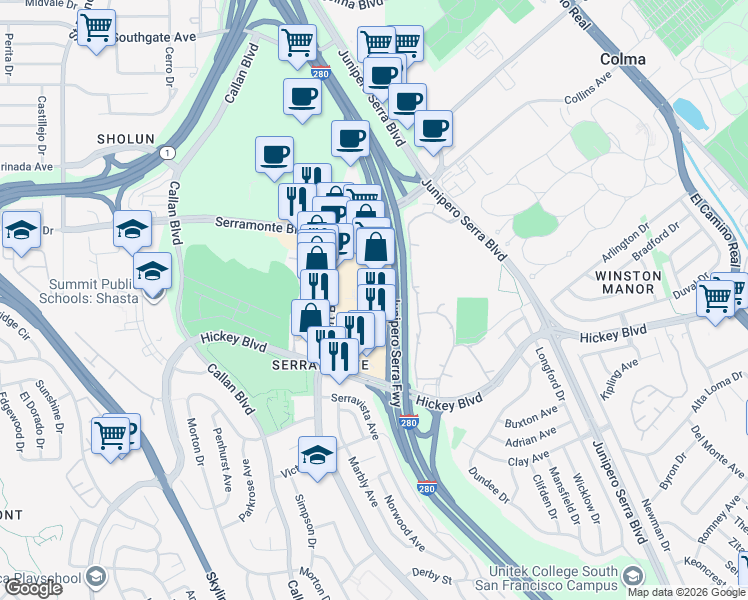 map of restaurants, bars, coffee shops, grocery stores, and more near in Daly City