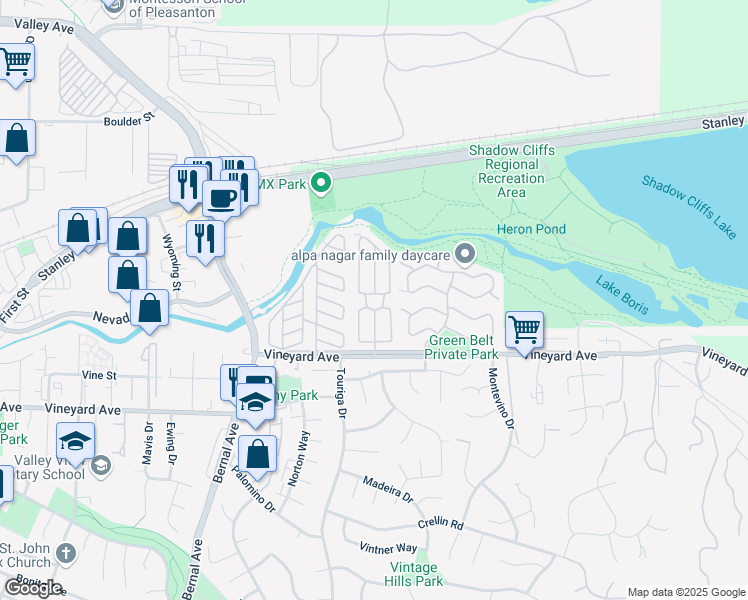map of restaurants, bars, coffee shops, grocery stores, and more near 3231 Vineyard Avenue in Pleasanton