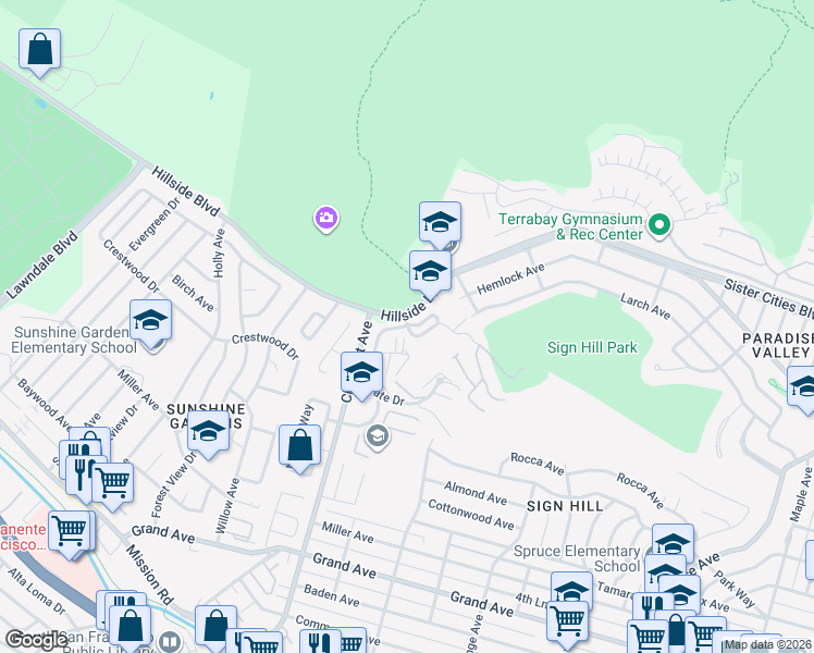 map of restaurants, bars, coffee shops, grocery stores, and more near 982 Stonegate Drive in South San Francisco