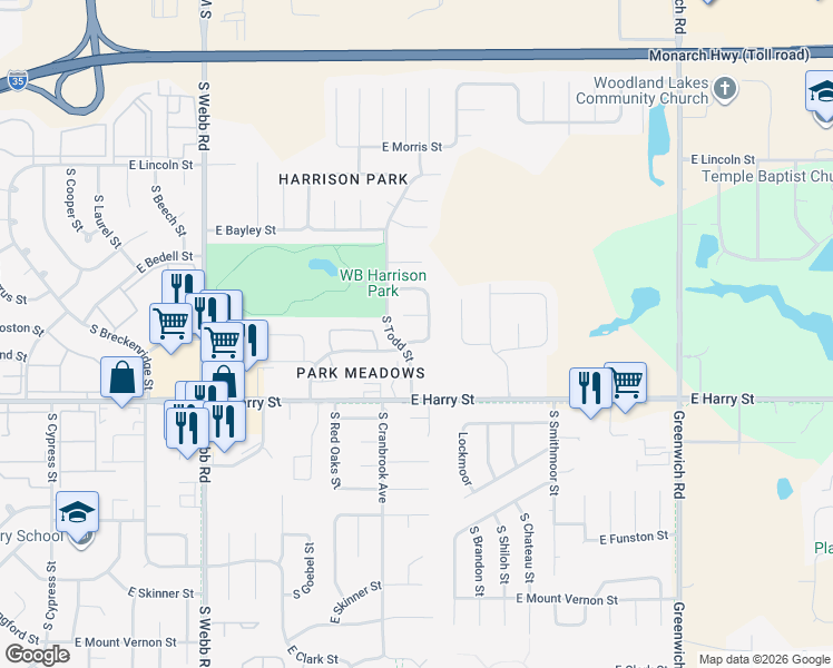 map of restaurants, bars, coffee shops, grocery stores, and more near 1513 South Todd Place in Wichita