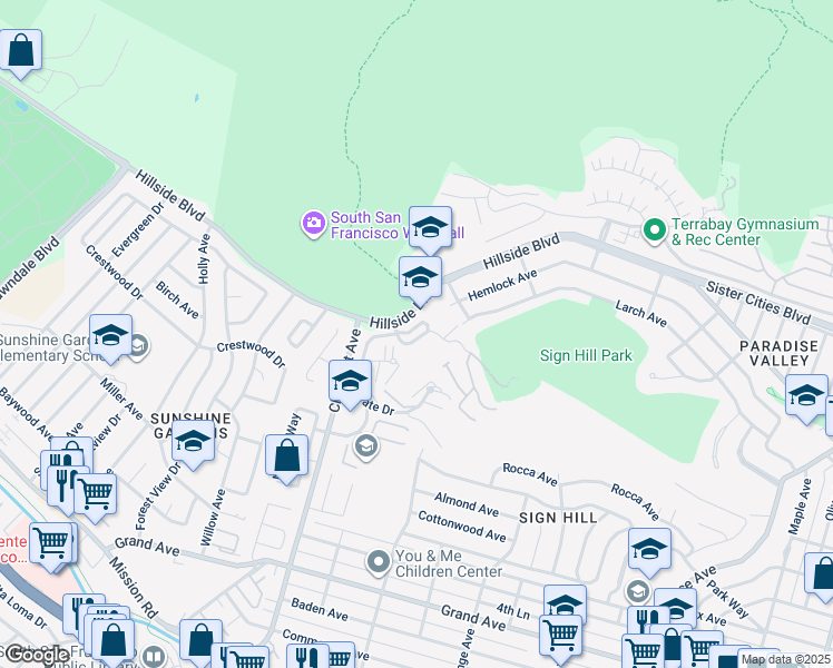map of restaurants, bars, coffee shops, grocery stores, and more near 813 La Montagne Place in South San Francisco