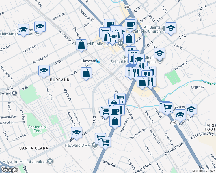 map of restaurants, bars, coffee shops, grocery stores, and more near 700 Mesa Circle in Hayward