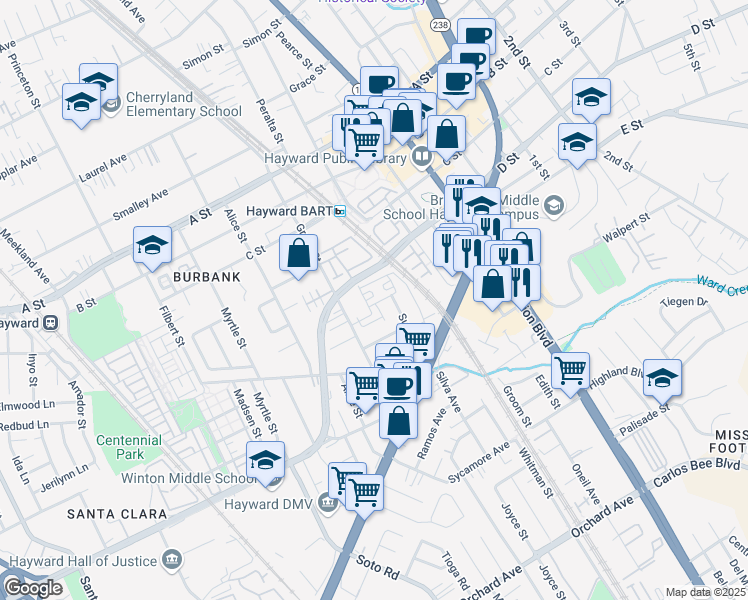 map of restaurants, bars, coffee shops, grocery stores, and more near 700 Mesa Circle in Hayward