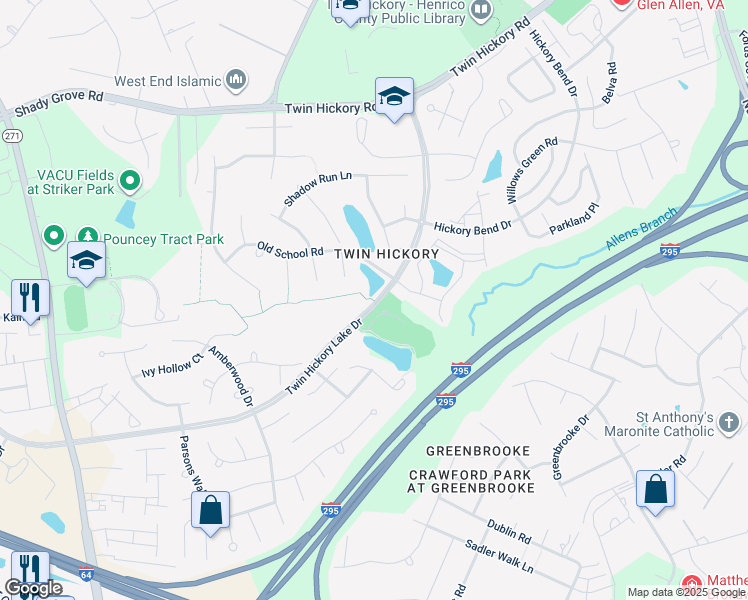 map of restaurants, bars, coffee shops, grocery stores, and more near 4632 Twin Hickory Lake Drive in Glen Allen