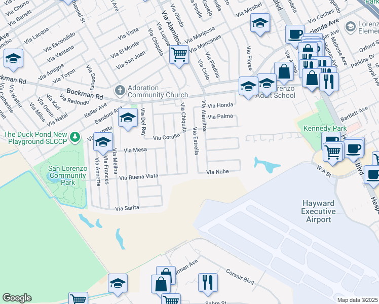 map of restaurants, bars, coffee shops, grocery stores, and more near 17361 Via Chiquita in San Lorenzo