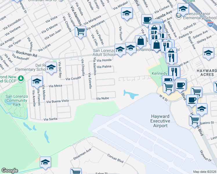 map of restaurants, bars, coffee shops, grocery stores, and more near 1176 Via Los Trancos in San Lorenzo