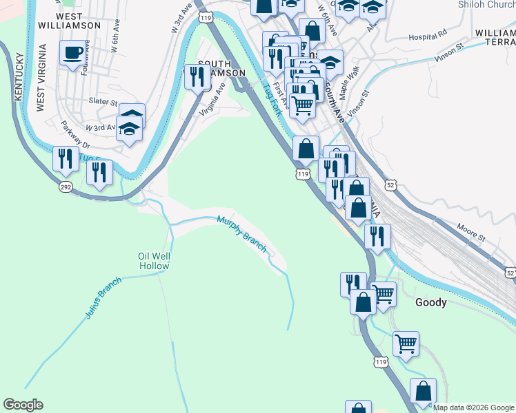 map of restaurants, bars, coffee shops, grocery stores, and more near 168-240 Happy Valley Road in South Williamson