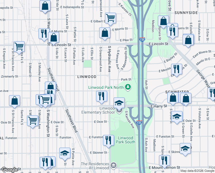 map of restaurants, bars, coffee shops, grocery stores, and more near 1444 South Hydraulic Avenue in Wichita