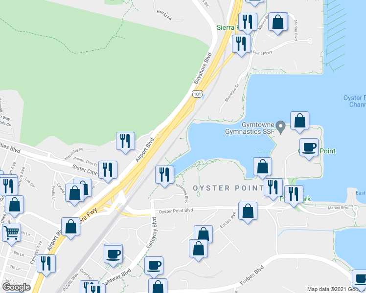 map of restaurants, bars, coffee shops, grocery stores, and more near 1350 Veterans Boulevard in South San Francisco