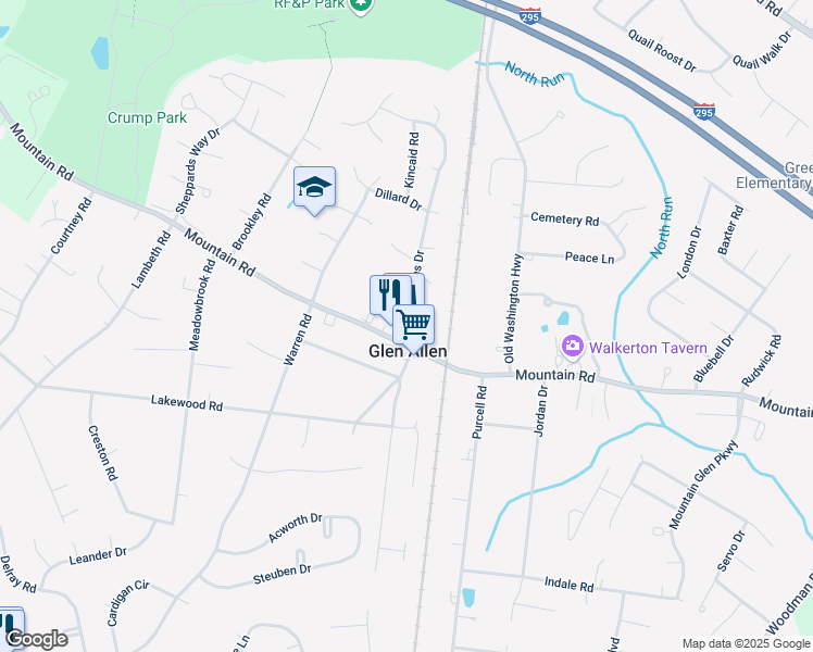 map of restaurants, bars, coffee shops, grocery stores, and more near 3012 Mountain Road in Glen Allen