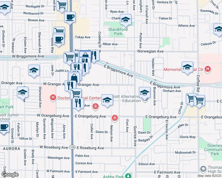 map of restaurants, bars, coffee shops, grocery stores, and more near 326 East Granger Avenue in Modesto