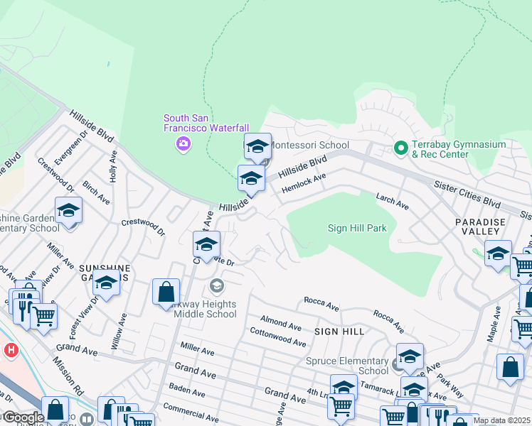 map of restaurants, bars, coffee shops, grocery stores, and more near 955 Ridgeview Court in South San Francisco