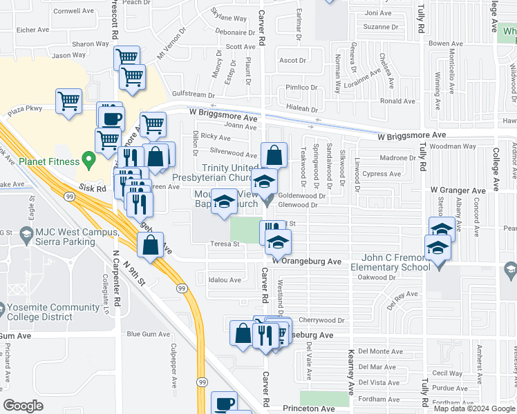 map of restaurants, bars, coffee shops, grocery stores, and more near 1513 Carver Road in Modesto