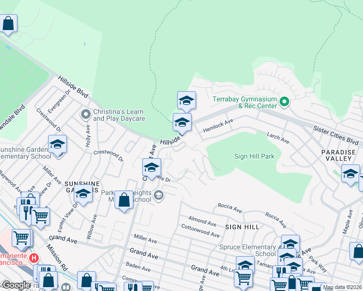 map of restaurants, bars, coffee shops, grocery stores, and more near 811 La Montagne Place in South San Francisco