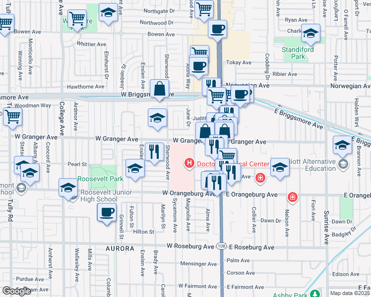 map of restaurants, bars, coffee shops, grocery stores, and more near 1541 Florida Avenue in Modesto