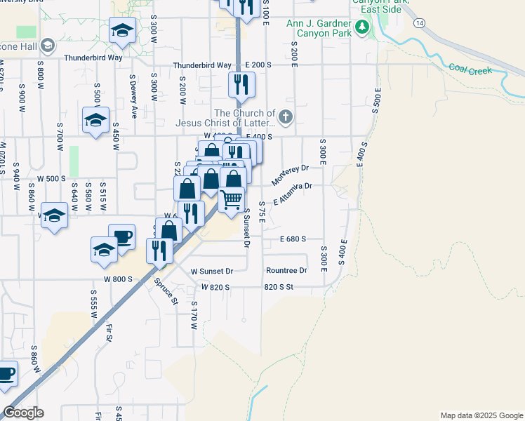 map of restaurants, bars, coffee shops, grocery stores, and more near 595 South 75 East in Cedar City