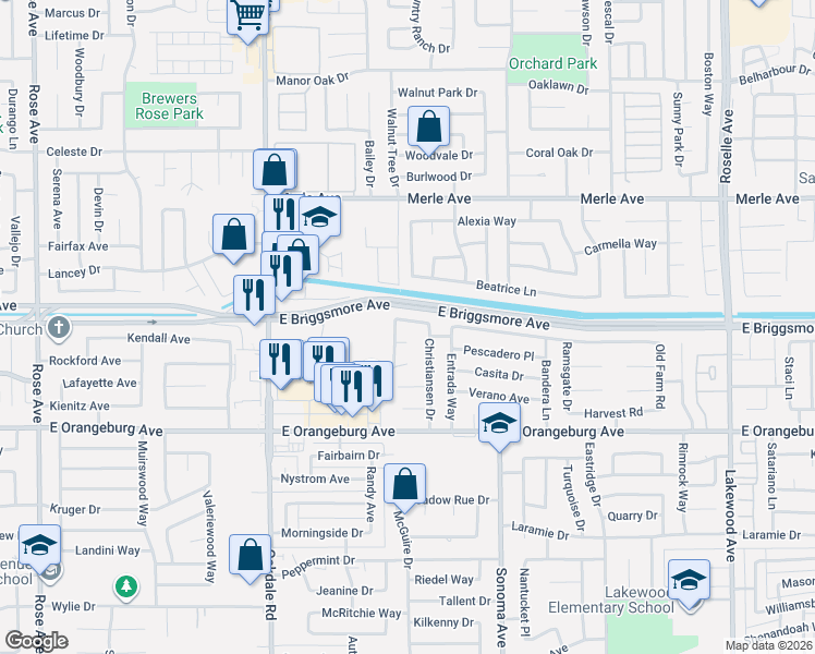map of restaurants, bars, coffee shops, grocery stores, and more near 2401 Scolinos Court in Modesto
