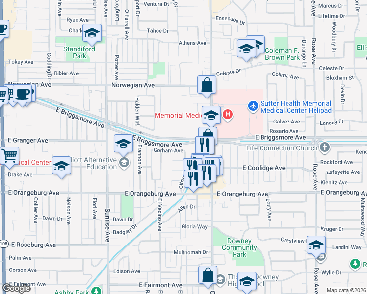 map of restaurants, bars, coffee shops, grocery stores, and more near 1136 Gorham Avenue in Modesto