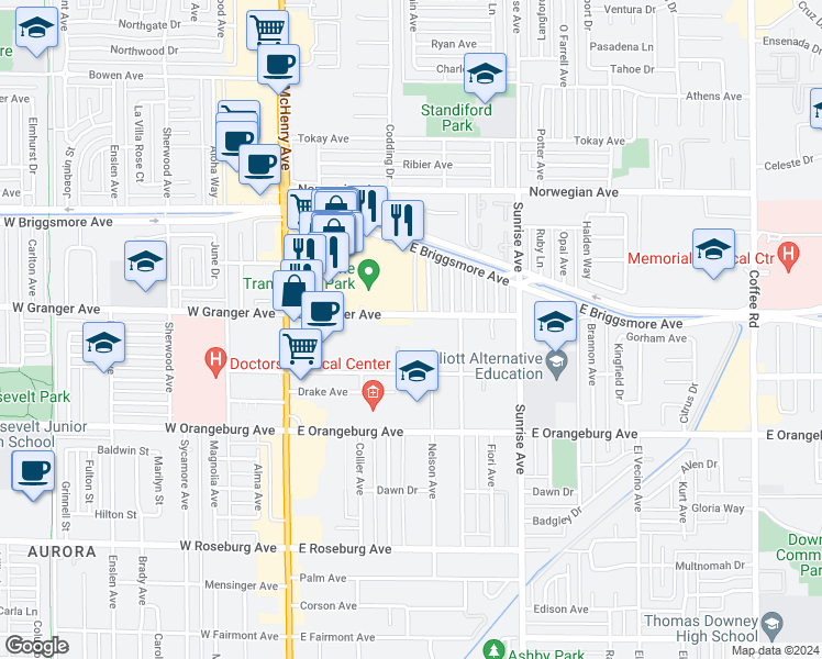 map of restaurants, bars, coffee shops, grocery stores, and more near 326 East Granger Avenue in Modesto