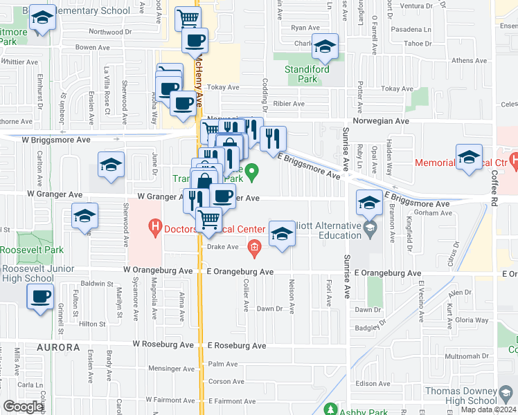 map of restaurants, bars, coffee shops, grocery stores, and more near 216 East Granger Avenue in Modesto