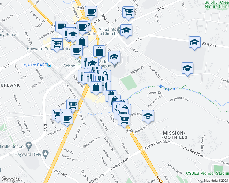 map of restaurants, bars, coffee shops, grocery stores, and more near 928 Fletcher Lane in Hayward