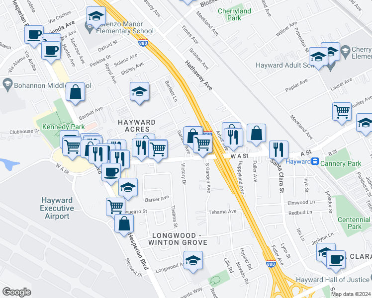 map of restaurants, bars, coffee shops, grocery stores, and more near 525 West A Street in Hayward