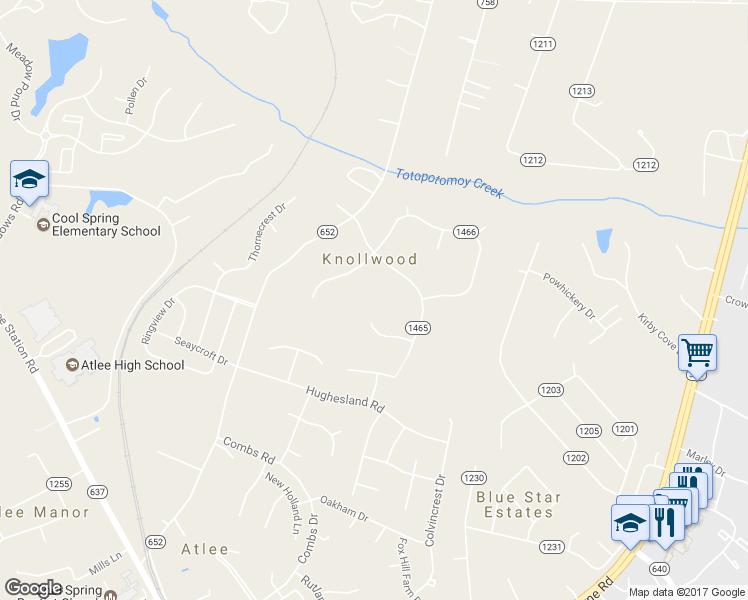 map of restaurants, bars, coffee shops, grocery stores, and more near 8406 Knollwood Court in Mechanicsville