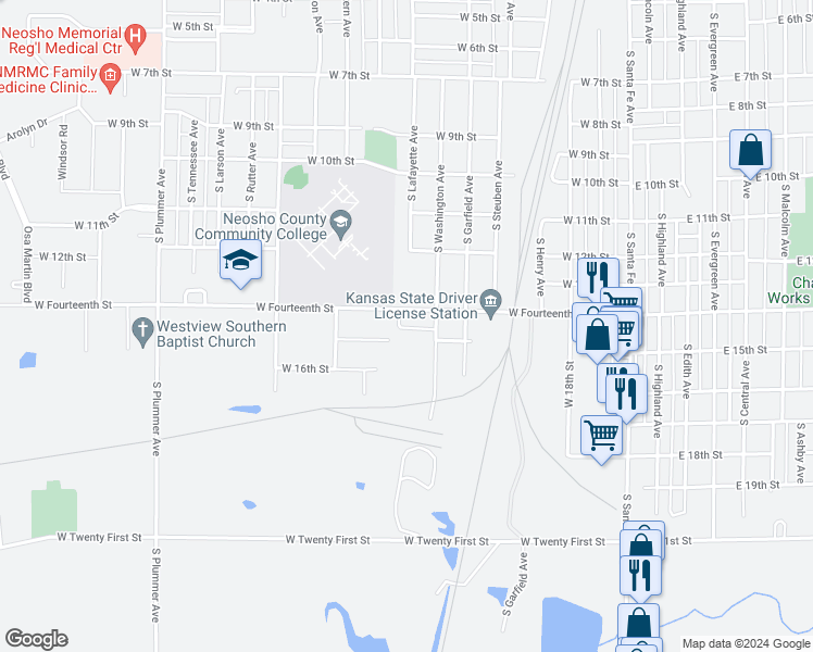 map of restaurants, bars, coffee shops, grocery stores, and more near 619 West 15th Street in Chanute