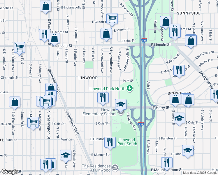 map of restaurants, bars, coffee shops, grocery stores, and more near 1444 South Hydraulic Avenue in Wichita