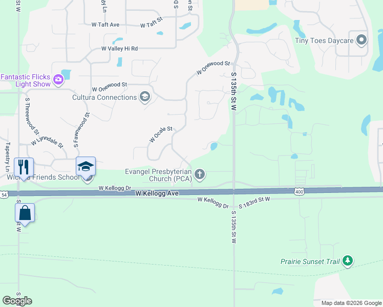 map of restaurants, bars, coffee shops, grocery stores, and more near 1510 South Auburn Hills Court in Wichita