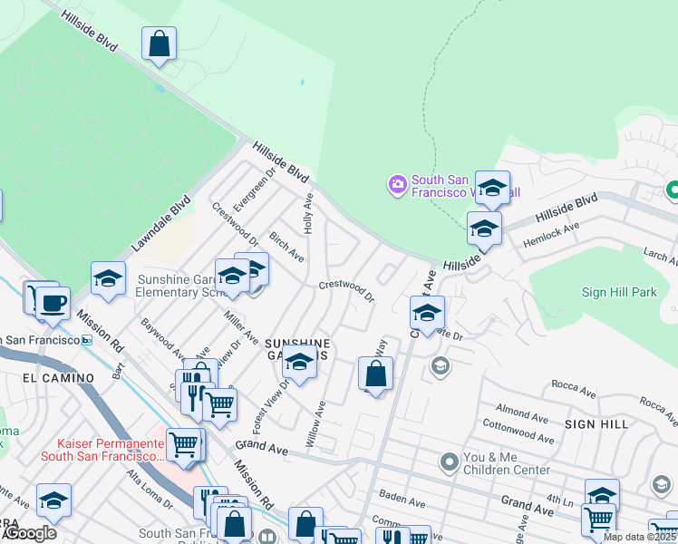 map of restaurants, bars, coffee shops, grocery stores, and more near 1100 Crestwood Drive in South San Francisco