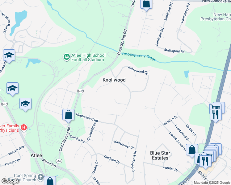 map of restaurants, bars, coffee shops, grocery stores, and more near 8406 Knollwood Court in Mechanicsville