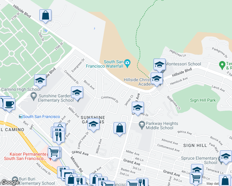 map of restaurants, bars, coffee shops, grocery stores, and more near 424 Dolores Way in South San Francisco