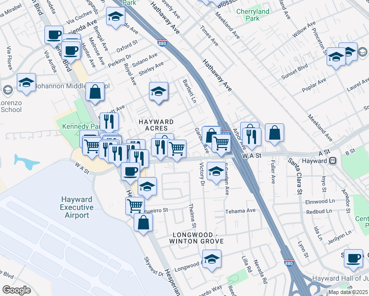 map of restaurants, bars, coffee shops, grocery stores, and more near 651 West A Street in Hayward