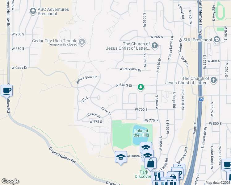 map of restaurants, bars, coffee shops, grocery stores, and more near 2269 West Crestview Circle in Cedar City