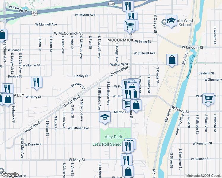 map of restaurants, bars, coffee shops, grocery stores, and more near 1518 South Martinson Street in Wichita