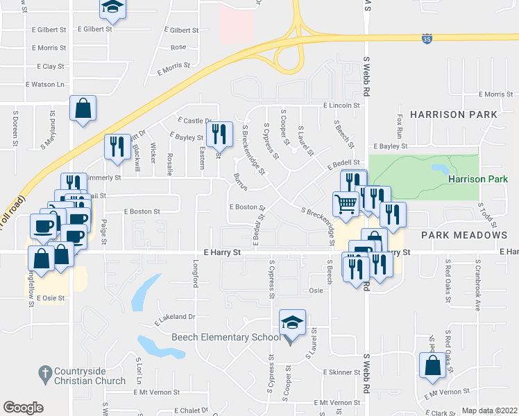 map of restaurants, bars, coffee shops, grocery stores, and more near 8737 East Boston Street in Wichita