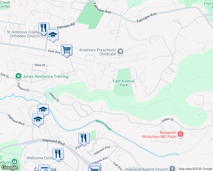 map of restaurants, bars, coffee shops, grocery stores, and more near 25673 Paul Court in Hayward
