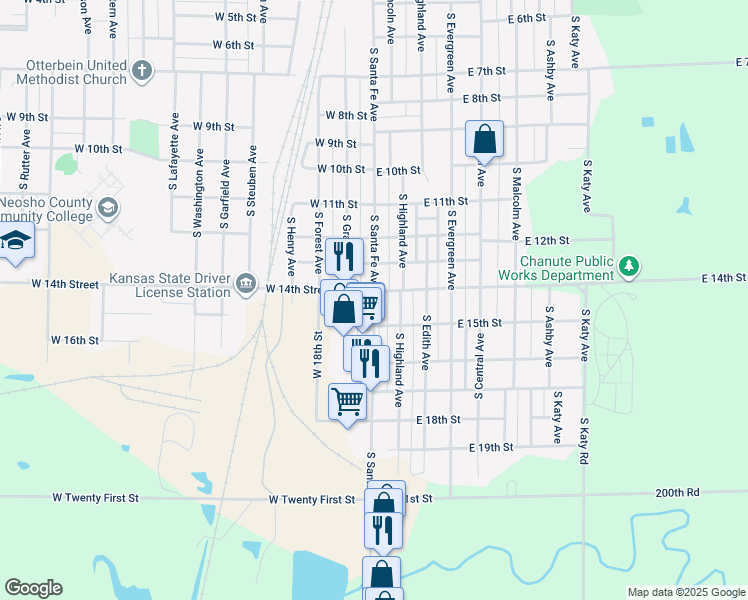 map of restaurants, bars, coffee shops, grocery stores, and more near 1425 South Santa Fe Avenue in Chanute