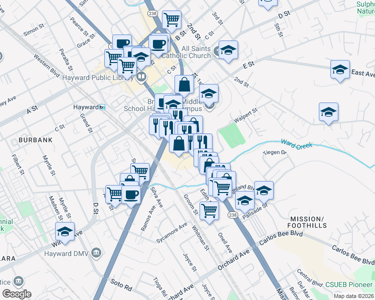 map of restaurants, bars, coffee shops, grocery stores, and more near 24100 California 238 in Hayward