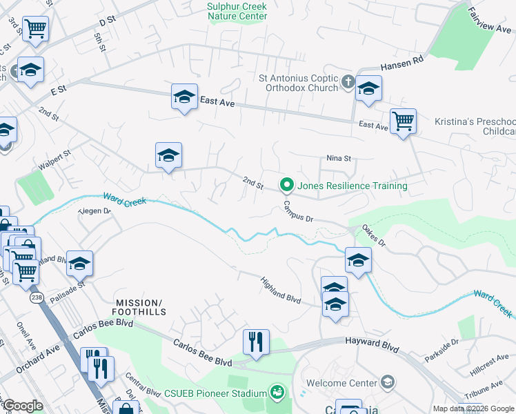 map of restaurants, bars, coffee shops, grocery stores, and more near 24836 Canyon View Court in Hayward