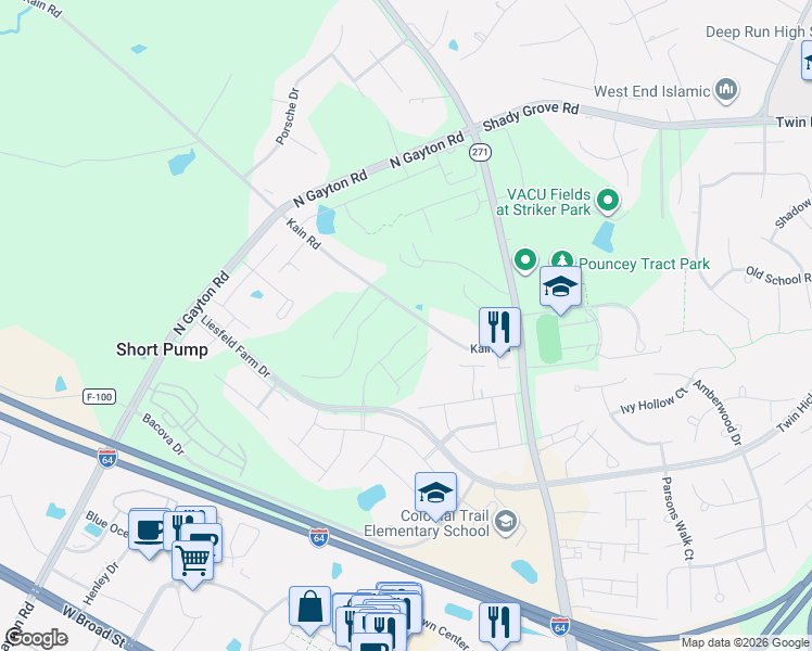map of restaurants, bars, coffee shops, grocery stores, and more near 12149 Kain Road in Glen Allen