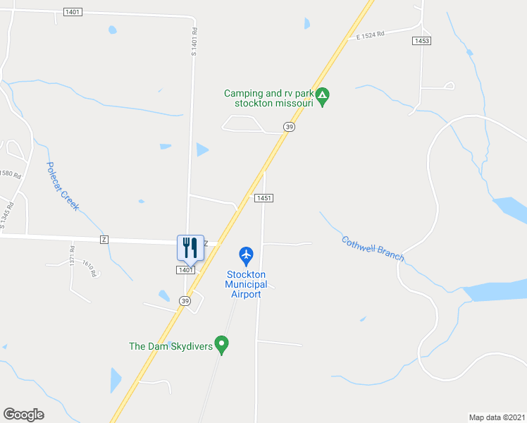 map of restaurants, bars, coffee shops, grocery stores, and more near 15915 South 1425 Road in Stockton